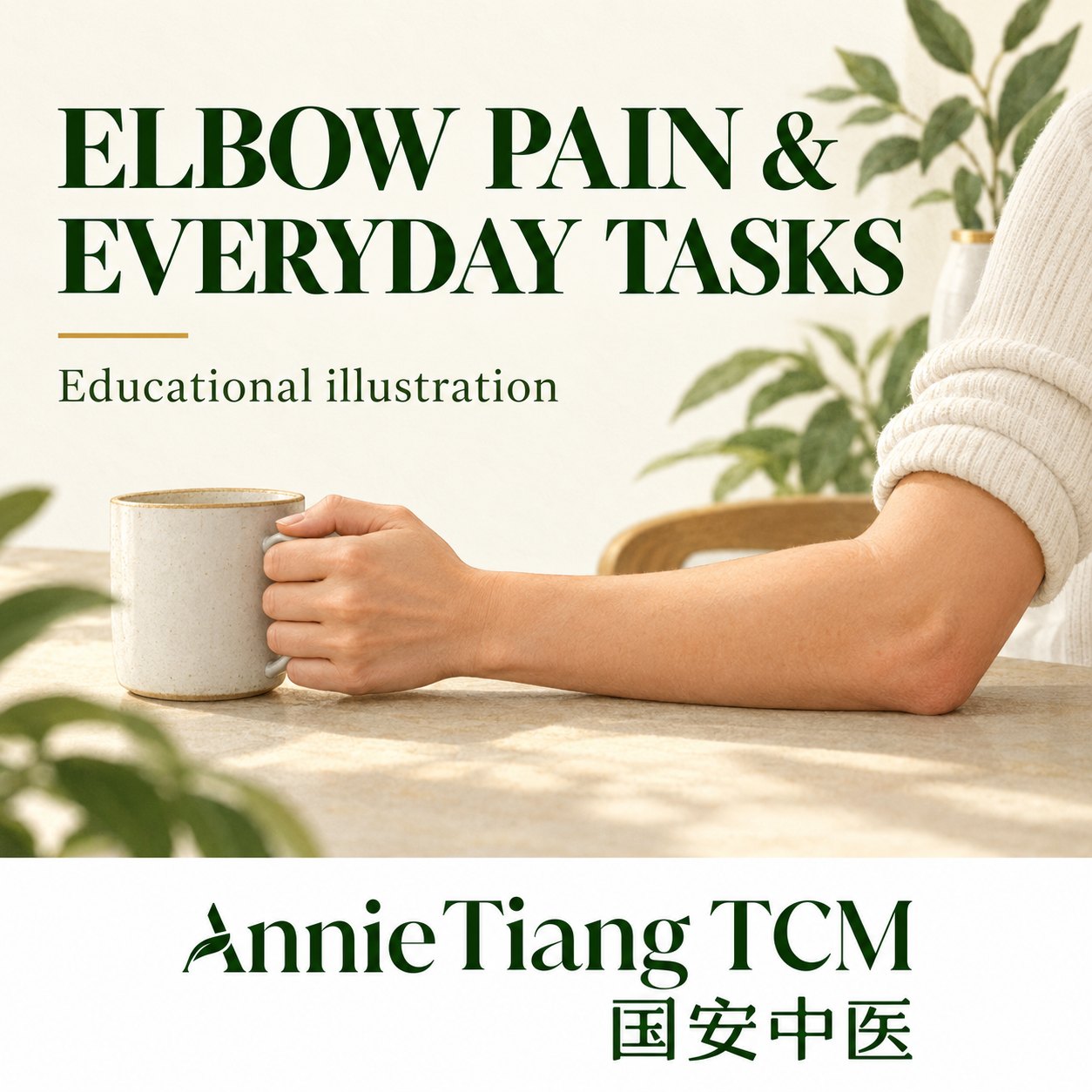 AI-generated educational illustration of an anonymous adult holding a mug with the forearm and elbow visible, with the Annie Tiang TCM logo.