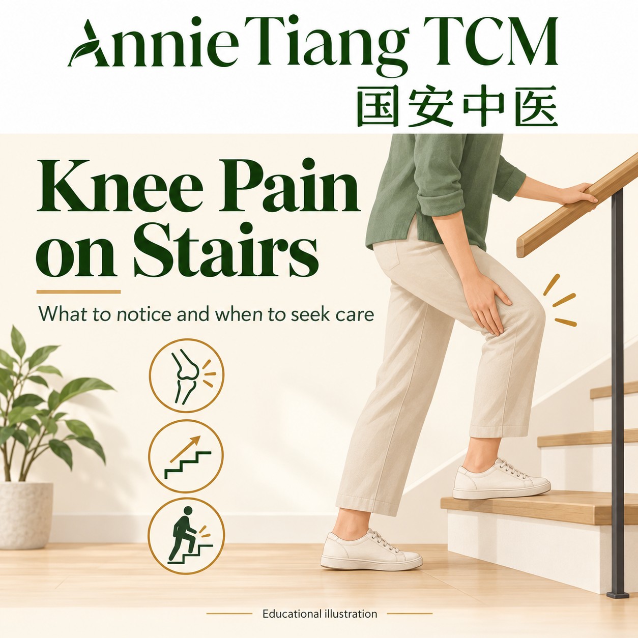 Educational illustration of a person beside stairs holding a handrail, with the Annie Tiang TCM logo.